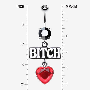 Detail View 1 of Bitch Heart Sparkle Dangle Belly Button Ring-Hematite/Red